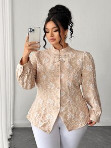 Elenzga Áo blouse ôm dáng thanh lịch size lớn màu mơ họa tiết hoa, tay dài, cổ đứng, cài nút ếch - Màu be - Xem 1