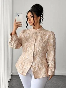 Elenzga Áo blouse ôm dáng thanh lịch size lớn màu mơ họa tiết hoa, tay dài, cổ đứng, cài nút ếch - Màu be - Xem 3