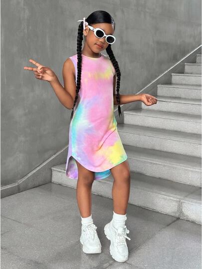 SHEIN Tween Girl Casual Street Style Fashion Tie Dye Print Round Neck Short Front Long Back Sleeveless Dress Girls Rainbow Summer Clothes Multicolor