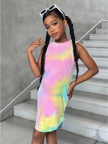SHEIN Tween Girl Casual Street Style Fashion Tie Dye Print Round Neck Short Front Long Back Sleeveless Dress Girls Rainbow Summer Clothes Multicolor - Pink - View 5