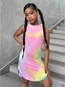 SHEIN Tween Girl Casual Street Style Fashion Tie Dye Print Round Neck Short Front Long Back Sleeveless Dress Girls Rainbow Summer Clothes Multicolor - Pink - View 3