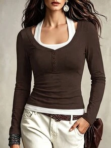 SHEIN European And American Style Autumn American Retro 2 In 1 Contrast Color Long Sleeve T-Shirt Slimming Casual Top - Brown - View 1
