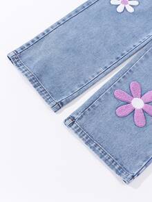SHEIN ChillGRL 少女刺繡牛仔褲，Y2K可愛休閒風寬腿版型，淺色復古調，彈性腰頭，校園度假風藍色花卉夏季款 - 藍色 - 查看 5