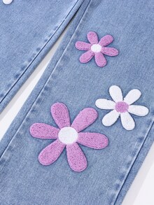 SHEIN ChillGRL 少女刺繡牛仔褲，Y2K可愛休閒風寬腿版型，淺色復古調，彈性腰頭，校園度假風藍色花卉夏季款 - 藍色 - 查看 6