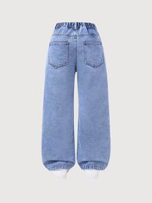 SHEIN ChillGRL 少女刺繡牛仔褲，Y2K可愛休閒風寬腿版型，淺色復古調，彈性腰頭，校園度假風藍色花卉夏季款 - 藍色 - 查看 4