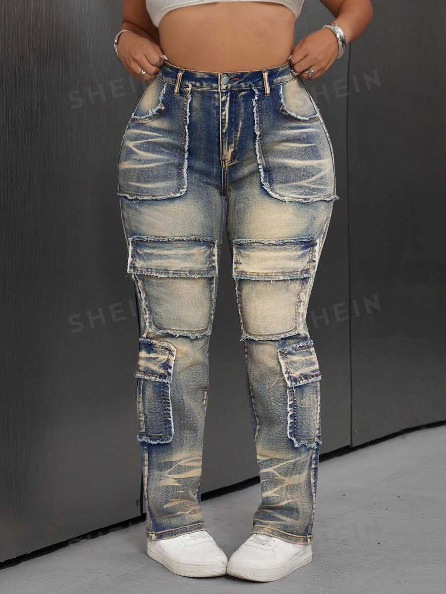 SHEIN EZwear Plus Size Two-Tone Pocket Retro American Workwear Denim Jeans - Blue - View 1