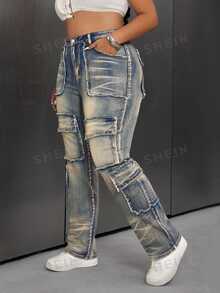 SHEIN EZwear Plus Size Two-Tone Pocket Retro American Workwear Denim Jeans - Blue - View 3