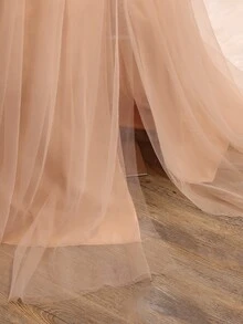 SHEIN Teen Girls Premium Sequin Patchwork Satin Ribbon Slit Long Dress For Wedding Season, Prom, Performance, Birthday Party, Christmas - Champagne - View 9