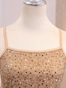 SHEIN Teen Girls Premium Sequin Patchwork Satin Ribbon Slit Long Dress For Wedding Season, Prom, Performance, Birthday Party, Christmas - Champagne - View 6