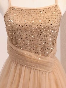 SHEIN Teen Girls Premium Sequin Patchwork Satin Ribbon Slit Long Dress For Wedding Season, Prom, Performance, Birthday Party, Christmas - Champagne - View 7