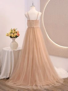 SHEIN Teen Girls Premium Sequin Patchwork Satin Ribbon Slit Long Dress For Wedding Season, Prom, Performance, Birthday Party, Christmas - Champagne - View 4