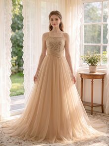 SHEIN Teen Girls Premium Sequin Patchwork Satin Ribbon Slit Long Dress For Wedding Season, Prom, Performance, Birthday Party, Christmas - Champagne - View 2