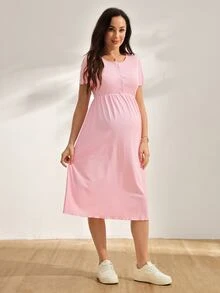 GentleRue Maternity 孕婦純色圓領短袖鈕扣設計休閒哺乳洋裝 - 粉色 - 查看 5