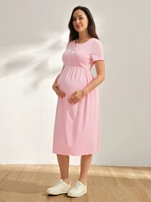 GentleRue Maternity 孕婦純色圓領短袖鈕扣設計休閒哺乳洋裝 - 粉色 - 查看 4