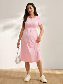 GentleRue Maternity 孕婦純色圓領短袖鈕扣設計休閒哺乳洋裝 - 粉色 - 查看 9