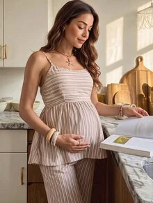 GentleRue Maternity 多色條紋孕婦兩件套，可調節繫帶 + 隱形哺乳開口，寬鬆A字版上衣 + 寬腿褲，休閒百搭孕婦裝 - 彩色 - 查看 1