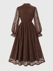 SHEIN Tween女孩秋冬蕾絲優雅休閒日常極簡風洋裝 - 酒紅色 - 查看 5