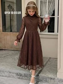 SHEIN Tween女孩秋冬蕾絲優雅休閒日常極簡風洋裝 - 酒紅色 - 查看 4