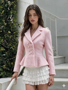 SHEIN MOD Classic Women's Pink Tweed Overcoat With Peplum Hem Double Breasted Design For Sophisticated Style,Fall/Winter Pink Wool Blazer With Waist Closure - Pink - View 8