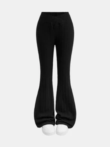 SHEIN Tween Girls Black Textured Flare Leggings Long Pants Casual Daily Versatile - Black - View 5