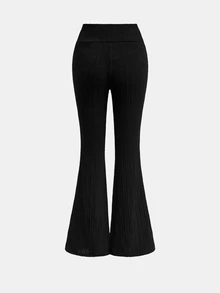 SHEIN Tween Girls Black Textured Flare Leggings Long Pants Casual Daily Versatile - Black - View 2