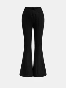 SHEIN Tween Girls Black Textured Flare Leggings Long Pants Casual Daily Versatile - Black - View 6