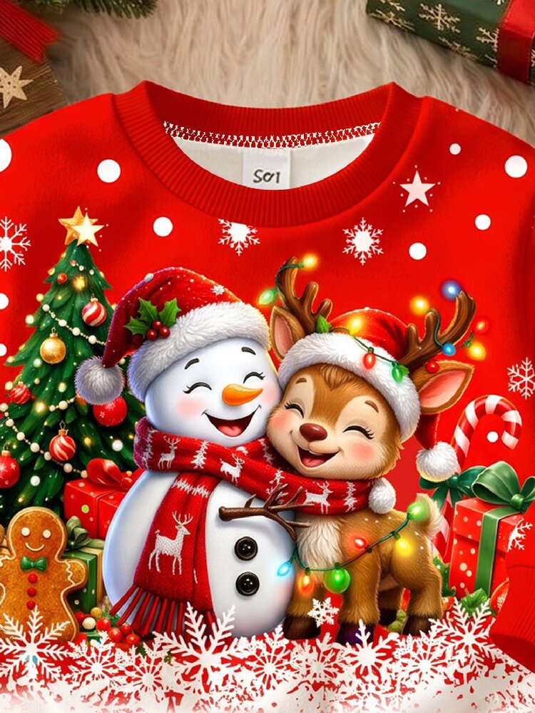 Baby Girl Cute Adorable Christmas Reindeer And Snowman Pattern, Gradient Polka Dot Snowflake, Christmas Red, Soft Thick Crew Neck Long Sleeve Sweatshirt And Leggings, Suitable For Autumn/Winter, New Fall Styles, Chic, Fall Sets - Multicolor - View 3