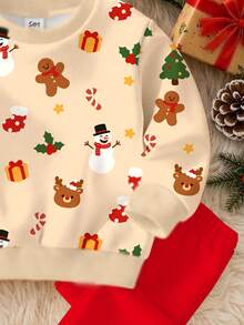 Baby Girl Christmas Print Drop Shoulder Pullover Autumn Sweatshirt & Leggings Set - Multicolor - View 6