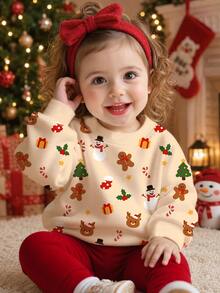 Baby Girl Christmas Print Drop Shoulder Pullover Autumn Sweatshirt & Leggings Set - Multicolor - View 1