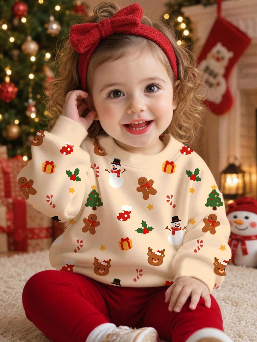 Baby Girl Christmas Print Drop Shoulder Pullover Autumn Sweatshirt & Leggings Set - Multicolor - View 1