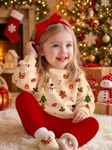 Baby Girl Christmas Print Drop Shoulder Pullover Autumn Sweatshirt & Leggings Set - Multicolor - View 2