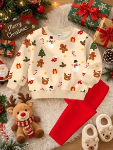 Baby Girl Christmas Print Drop Shoulder Pullover Autumn Sweatshirt & Leggings Set - Multicolor - View 3
