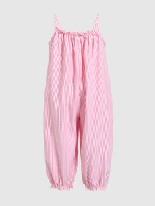 SHEIN 少女休閒日常百搭舒適寬鬆條紋細肩帶洋裝 - 綠色 - 查看 4