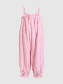 SHEIN 少女休閒日常百搭舒適寬鬆條紋細肩帶洋裝 - 綠色 - 查看 2