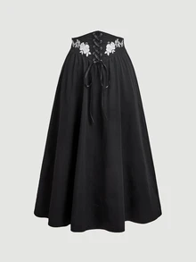SHEIN MOD 大尺碼女款刺繡繫帶修身優雅膠囊休閒可愛裙，度假宮廷復古腰帶設計傘擺雪紡黑色 - 黑色 - 查看 6
