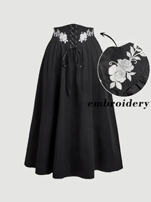 SHEIN MOD 大尺碼女款刺繡繫帶修身優雅膠囊休閒可愛裙，度假宮廷復古腰帶設計傘擺雪紡黑色 - 黑色 - 查看 2