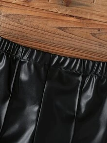 SHEIN 女嬰秋冬加厚抓絨拉鍊愛心圖案上衣與修身黑色皮革長褲套裝，適合戶外活動與日常穿著 - 黑色 - 查看 7