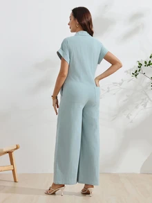 GentleRue Maternity Maternity Solid Color Short Sleeve Button Front Casual Cute Shirt Nursing Jumpsuit Going Out Formal Going Home Outfits Blue Summer - Blue - View 3