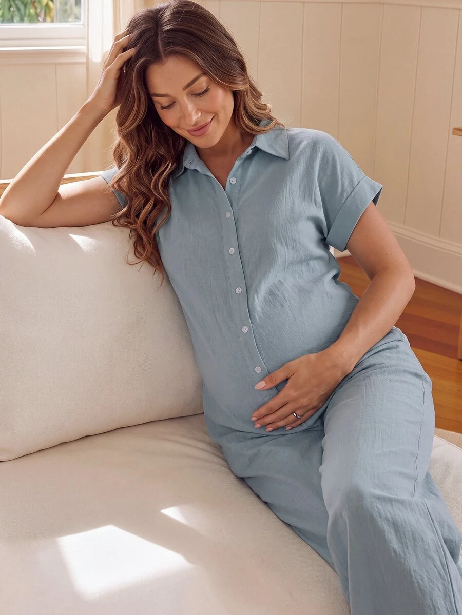 GentleRue Maternity Maternity Solid Color Short Sleeve Button Front Casual Cute Shirt Nursing Jumpsuit Going Out Formal Going Home Outfits Blue Summer - Blue - View 1