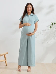 GentleRue Maternity Maternity Solid Color Short Sleeve Button Front Casual Cute Shirt Nursing Jumpsuit Going Out Formal Going Home Outfits Blue Summer - Blue - View 2