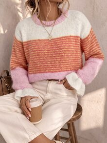 SHEIN Crew Neck Colorblock Design Wave Sleeve Pullover Sweater Brunch Picnic Vacation Pink Stripe Fall Boho Retro Casual Everyday Travel - Multicolor - View 4