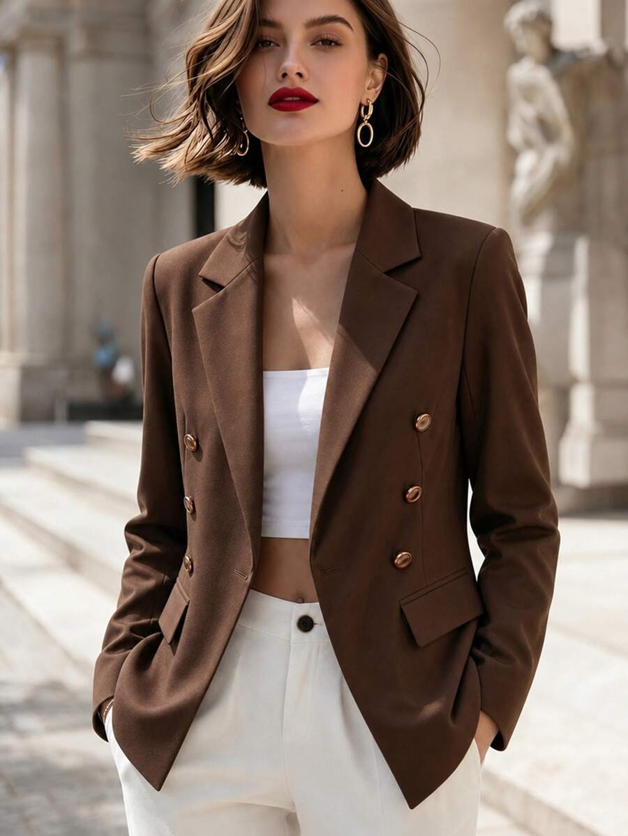 SHEIN 女士纯色翻领长袖双排扣休闲西装外套 棕色西装外套 女士西装外套 棕色夹克 女士西装外套 - 咖啡棕 - 查看 1