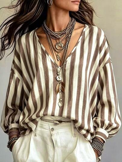 SHEIN Women's Autumn Outfit, Women's Elegant Blouse, Women's Casual Shirt, Outing Shirt, Commute Outfit, Office Outfit, Holiday Outfit, Festival Outfit, Women's Country Style, Basic Blouse, Social Top, Striped Shirt, V-Neck, Coffee Color Blouse, Dropped Shoulder Blouse