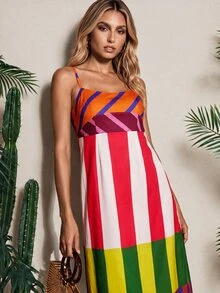 Vaclyn Women's Color Block Casual Vacation Date Maxi Slip Dress - Multicolor - View 8