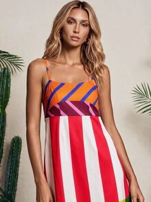 Vaclyn Women's Color Block Casual Vacation Date Maxi Slip Dress - Multicolor - View 4