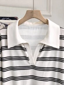 GlowEve CURVE Elegant Casual Vintage White Collared Knit Long Sleeve Plus Size T-Shirt Fall Graduation Going Out Vacation - Black and White - View 4