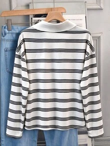 GlowEve CURVE Elegant Casual Vintage White Collared Knit Long Sleeve Plus Size T-Shirt Fall Graduation Going Out Vacation - Black and White - View 2