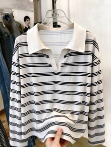 GlowEve CURVE Elegant Casual Vintage White Collared Knit Long Sleeve Plus Size T-Shirt Fall Graduation Going Out Vacation - Black and White - View 5