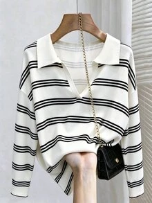 GlowEve CURVE Elegant Casual Vintage White Collared Knit Long Sleeve Plus Size T-Shirt Fall Graduation Going Out Vacation - Black and White - View 1