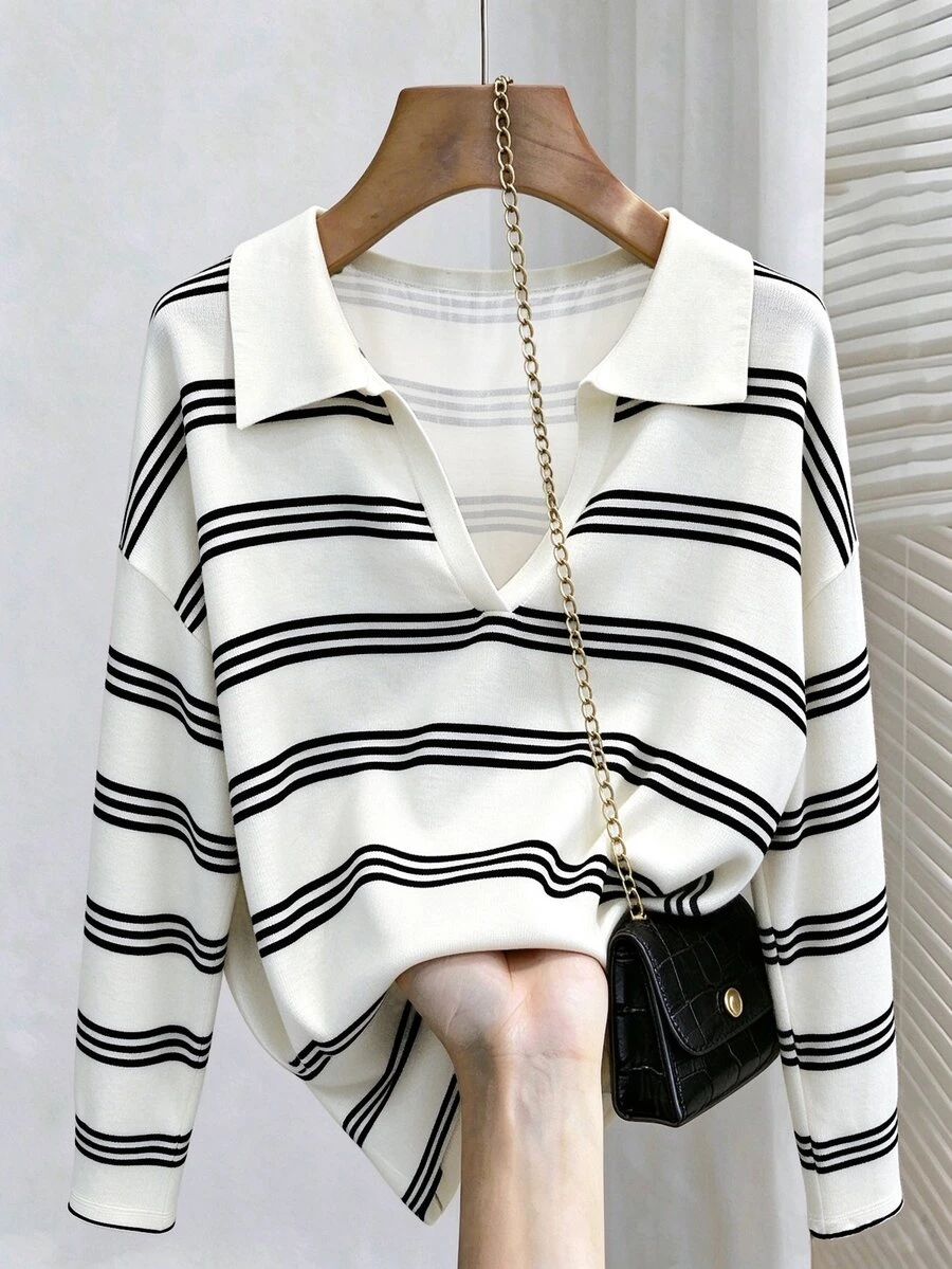 GlowEve CURVE Elegant Casual Vintage White Collared Knit Long Sleeve Plus Size T-Shirt Fall Graduation Going Out Vacation - Black and White - View 1